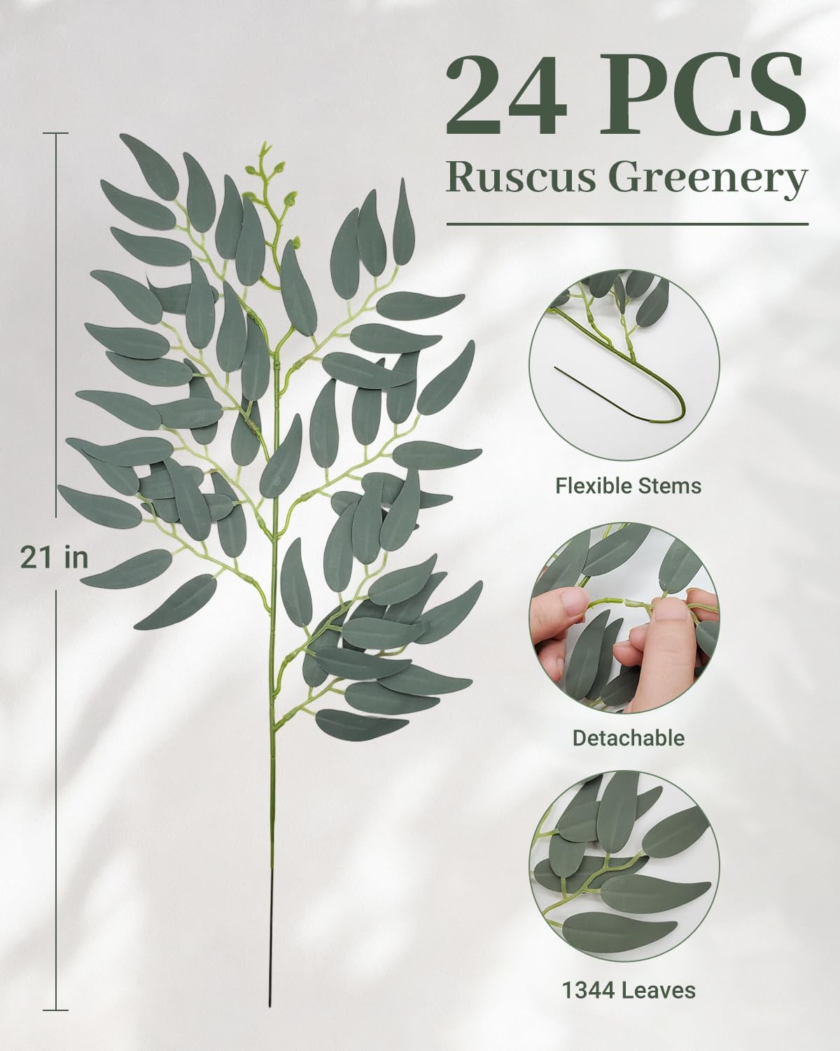 24Pcs Artificial Italian Ruscus Greenery 21" Long Stems, Gray Green | Real Touch Silk Leaves for DIY Wedding Arches, Bridal Bouquets, Centerpieces, Floral Arrangements & Home Vase Greenery Decor